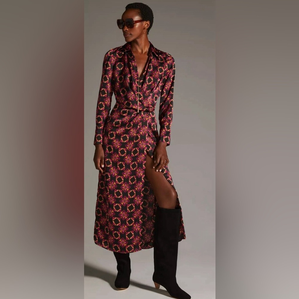 Misa Los Angeles X Anthropologie silky long sleeve abstract print Maxi with slit